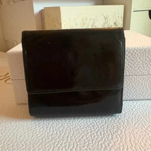 CHANEL Glossy Black Wallet with Silver Logo